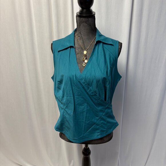 Worthington Wrap Top Womens Sz Large Petite Teal Stretch Sleeveless Collared NEW - Picture 1 of 8